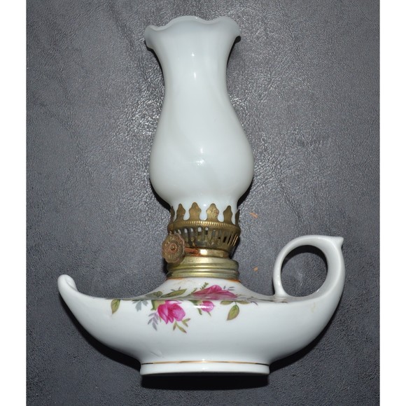 Porcelain Pink Rose Mini Genie Oil Lamp with White Glass Shade (Shade Damaged) - Picture 1 of 6